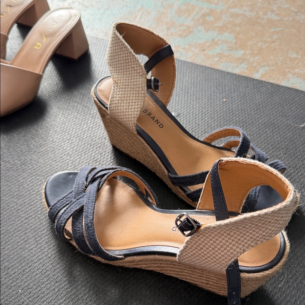 Lucky Brand Navy and Tan Wedge Sandals